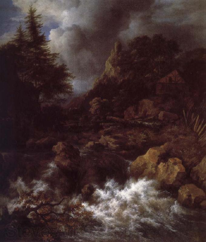 Jacob van Ruisdael Waterfall with a Half-timbered House and Castle Spain oil painting art
